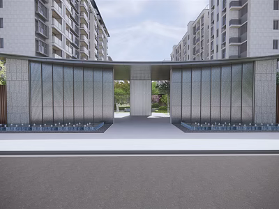 Modern High Rise Residential Landscape Featuring Curved Entrance Fountains And Greenery 3d model
