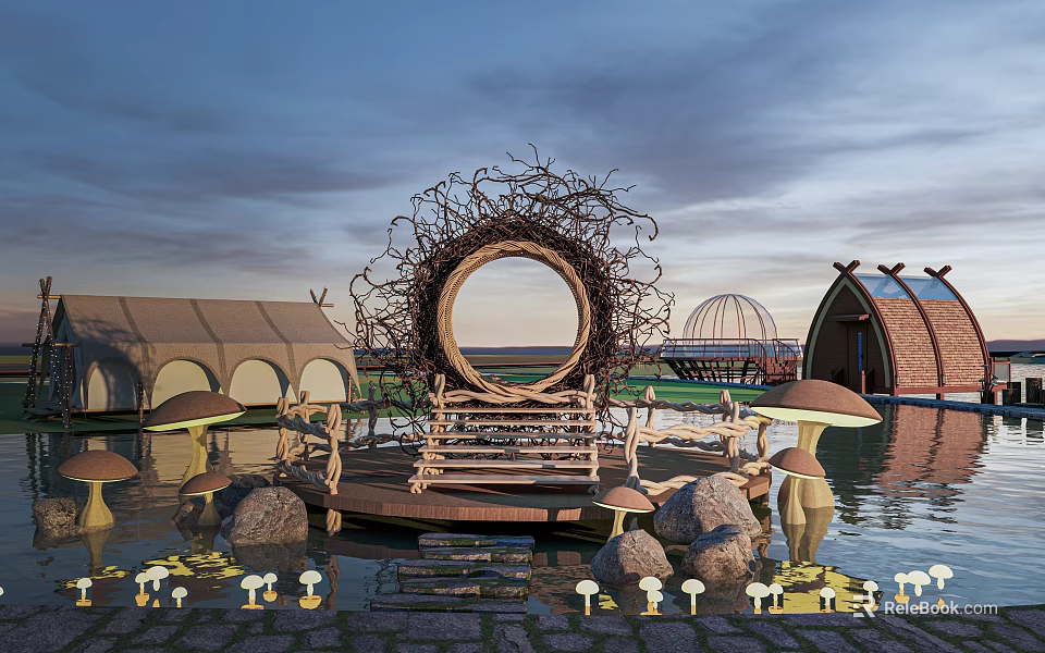 Whimsical Garden Ornaments Featuring Circular Woven Structure Mushroom Decorations And Wooden Platform In Water Setting 3d model 