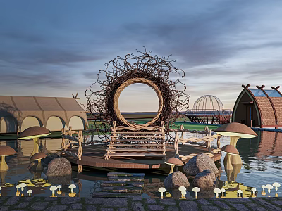 Whimsical Garden Ornaments Featuring Circular Woven Structure Mushroom Decorations And Wooden Platform In Water Setting 3d model