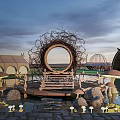 Whimsical Garden Ornaments Featuring Circular Woven Structure Mushroom Decorations And Wooden Platform In Water Setting