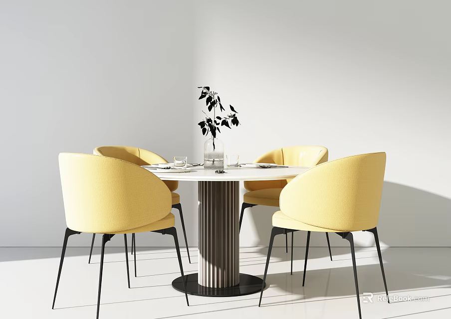 Modern Dining Table Set With Round White Tabletop Yellow Chairs And Decorative Vase 3d model