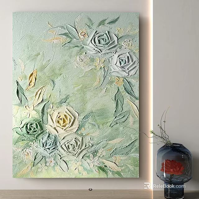 3D Floral Decorative Painting With Green Background And Vase Beside 3d model 