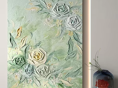 3D Floral Decorative Painting With Green Background And Vase Beside 3d model