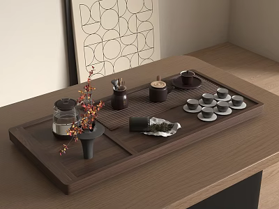 Traditional Tea Set With Wooden Tray Teacups Teapot And Decorative Dried Flowers 3d model