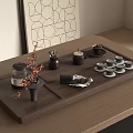 Traditional Tea Set With Wooden Tray Teacups Teapot And Decorative Dried Flowers