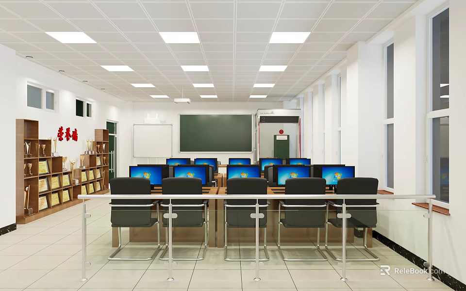 Spacious Computer Lab With Rows Of Computers Chairs Desks And Bookshelves 3d model
