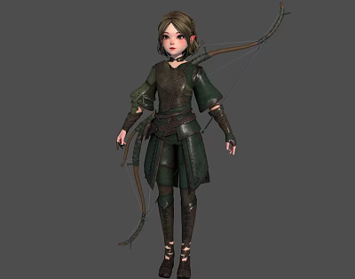 Female Archer Character In Green Armor With Bow And Arrow Standing Pose 3d model