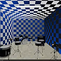 Blue And White Checkered Wall Room With Multiple Drums And Percussion Gear