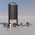 Industrial Trash Bin Equipment With Scattered Waste Cans Paper And Plastic Bottles