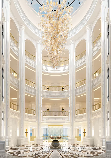 Luxurious Hotel Lobby Interior With Grand Chandelier And Marble Balustrades On Multiple Floors 3d model 