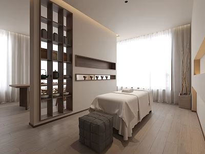 Modern SPA Interior With Massage Table Wooden Shelves Sheer Curtains And Decorative Items 3d model