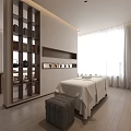 Modern SPA Interior With Massage Table Wooden Shelves Sheer Curtains And Decorative Items