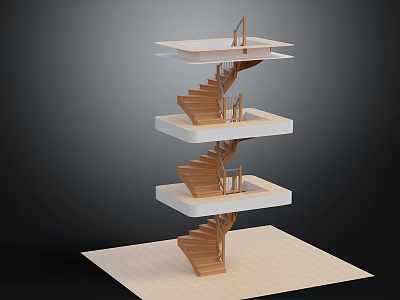 Architectural Spiral Staircase Model With Multiple Floating Platforms And Wooden Steps 3d model