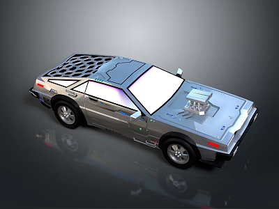 Silver Futuristic Sports Car With Streamlined Body Transparent Hood Engine And Roof Grille 3d model