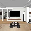 Modern Living Room Interior With Large TV Wooden Coffee Table Area Rug And Fireplace