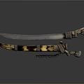 Antique Decorative Weapon With Curved Blade Ornate Hilt And Golden Patterned Scabbard