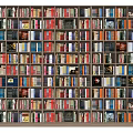 Large Bookshelf Filled With Various Colored Books And Decorative Items