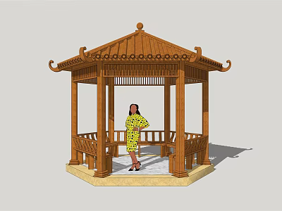 Traditional Chinese Wooden Pavilion With Ornamental Roof And Woman In Yellow Dress Inside 3d model