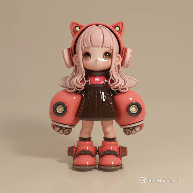 Cute Pink Hair Doll with Cat Ears Headphones Red Boots and Brown Outfit 3d model 