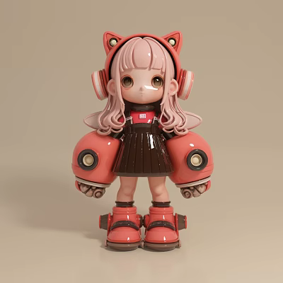 Cute Pink Hair Doll with Cat Ears Headphones Red Boots and Brown Outfit 3d model