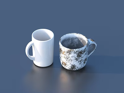Two Contrasting Household Mugs White Clean and Stained Old Daily Use Items 3d model