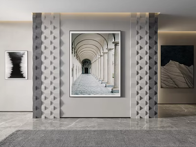 Elegant Interior With Arched Corridor Painting Geometric Pattern Walls And Marble Floor 3d model