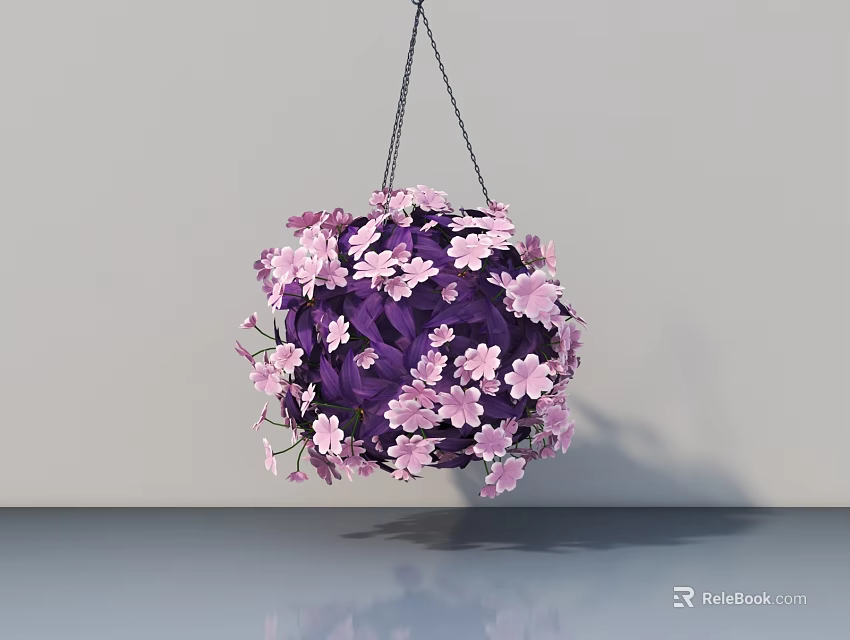 Hanging Basket Plant with Purple Leaves and Pink Flowers Spherical Design Indoor Decor 3d model 