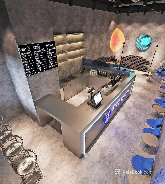 Modern Industrial Café Interior With Stainless Steel Counter Black Menu Board And Blue Seats 3d model 