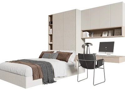 Modern Bedroom Interior With Double Bed Desk Computer Chair Bookshelf And Cabinets 3d model