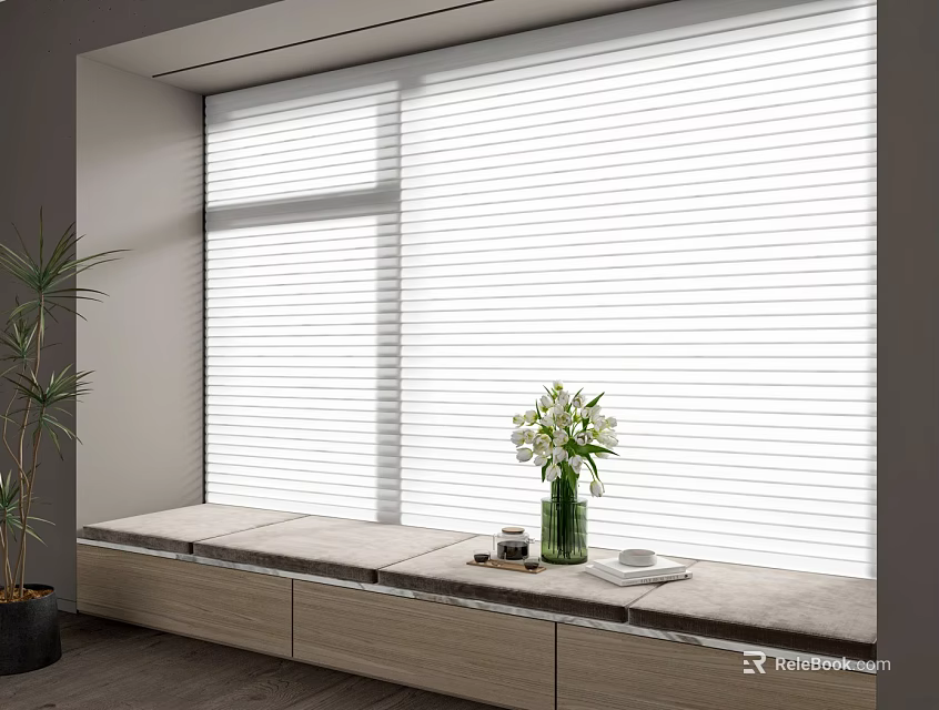 Modern Roman Blinds Window With Seat White Flowers And Green Plant 3d model 