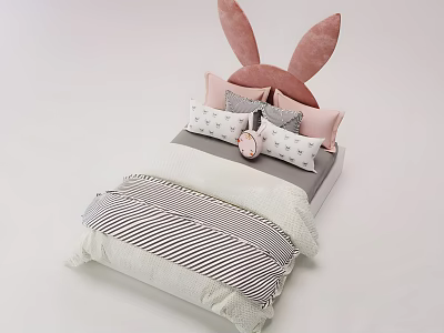 Kids Bed With Rabbit Ear Headboard Pink And Gray Pillows Striped Sheet And Round Clock 3d model