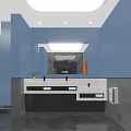 Modern Public Restroom With Blue Walls Large Mirror Double Sinks And Gray Countertop Plants