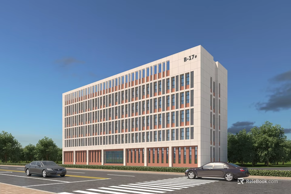 Modern B317 Office Building With White Facade Red Brick Base And Large Windows 3d model