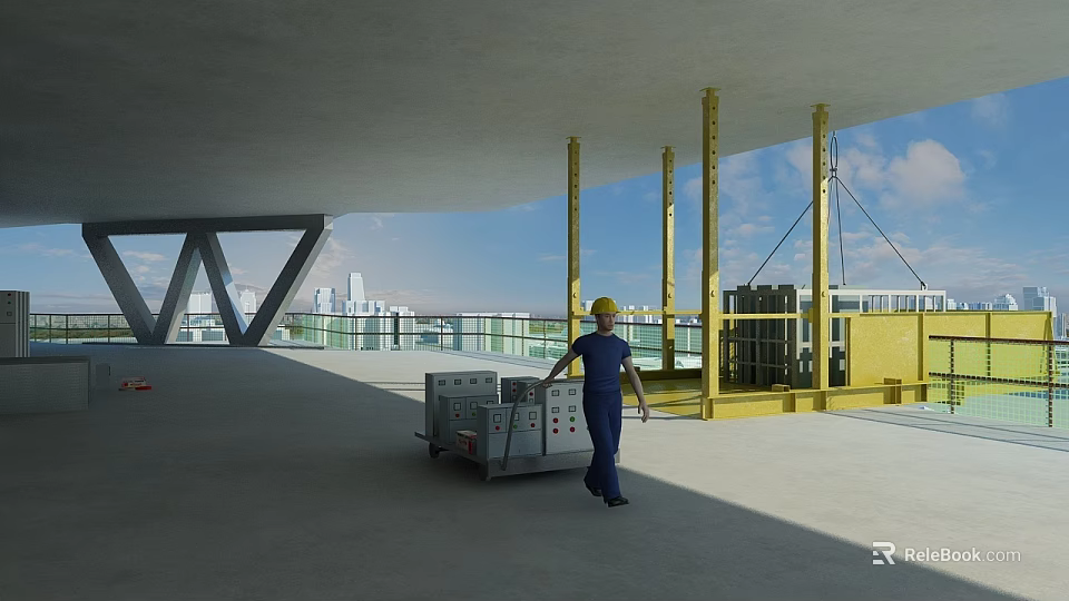 Road Infrastructure Construction Site With Worker In Yellow Hard Hat And Equipment 3d model 