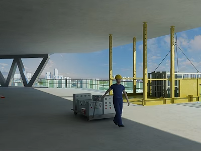 Road Infrastructure Construction Site With Worker In Yellow Hard Hat And Equipment 3d model