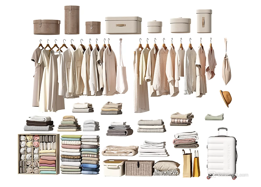 Organized Clothes Collection With Hanging Dresses Shirts Folded Items Storage Boxes And Suitcase 3d model 