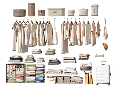 Organized Clothes Collection With Hanging Dresses Shirts Folded Items Storage Boxes And Suitcase 3d model