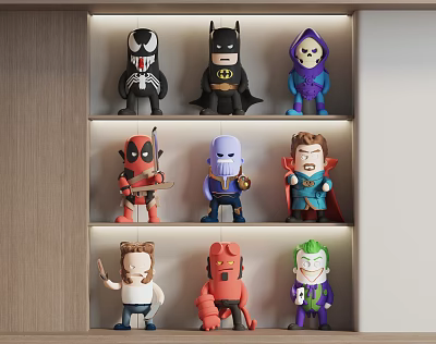 Collectible Action Figures of Various Characters on Multi Layer Display Shelf 3d model