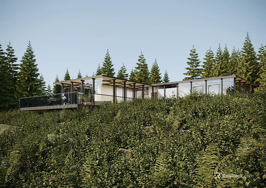 Modern Detached Villa Nestled on Pine Covered Hillside with Glass Walls and Greenery 3d model 
