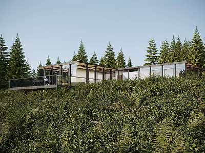 Modern Detached Villa Nestled on Pine Covered Hillside with Glass Walls and Greenery 3d model