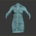 Turquoise Long Sleeve Shirt Dress With Ruched Design And Button Front Collar