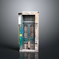 Vintage Weathered Green Wooden Door With Glass Panels And Stone Frame