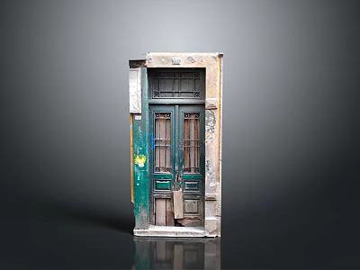 Vintage Weathered Green Wooden Door With Glass Panels And Stone Frame 3d model