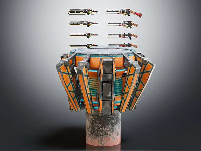 Mechanical Structure With Orange And Black Frame And Multiple Guns Arranged On Top 3d model