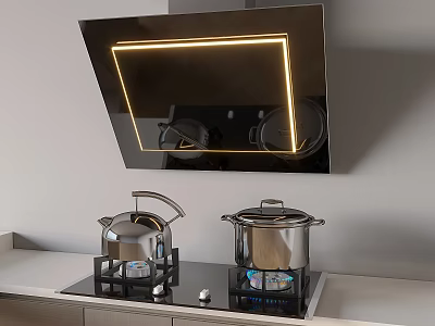 Modern Kitchen Range Hood With LED Light Over Gas Stove And Stainless Steel Pots 3d model