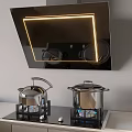 Modern Kitchen Range Hood With LED Light Over Gas Stove And Stainless Steel Pots