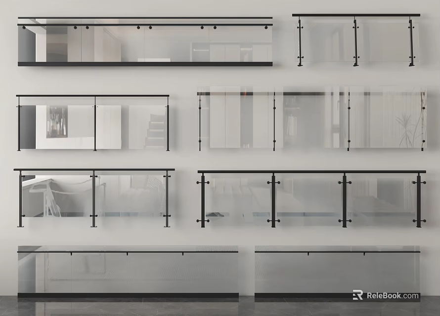 Various Modern Glass Railings With Sleek Black Frames For Interior Spaces 3d model