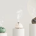 Colorful Incense Burners On White Cylindrical Pedestals With Smoke And Round Decor
