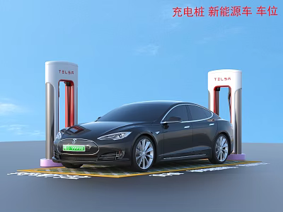 New Energy Electric Car Charging At Tesla Charging Station In Parking Space 3d model