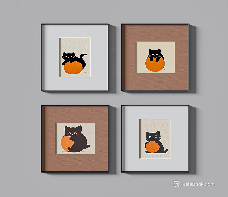 Black Cat Art Prints With Orange Circle In White And Brown Frames 3d model